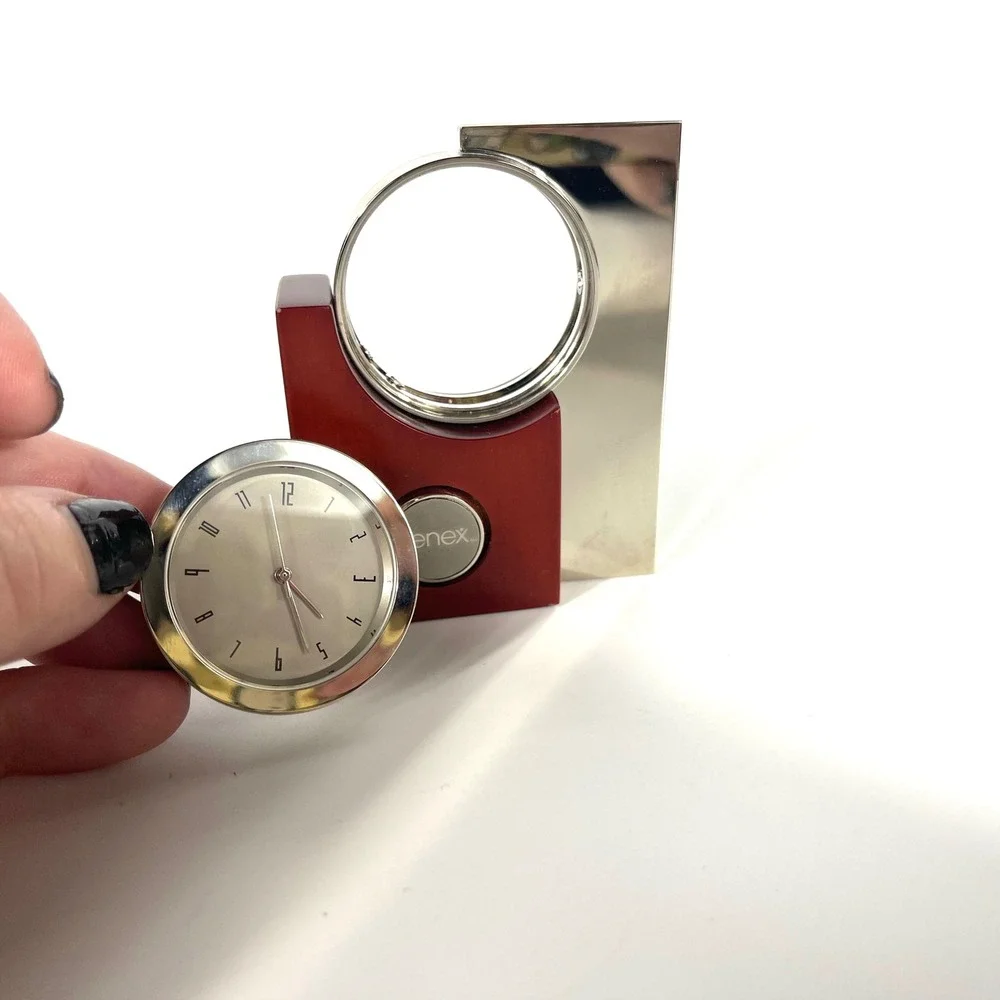 Vtg Genex Red Wood & Chrome Desk Clock Singapore Movement Silcon Electronics EUC